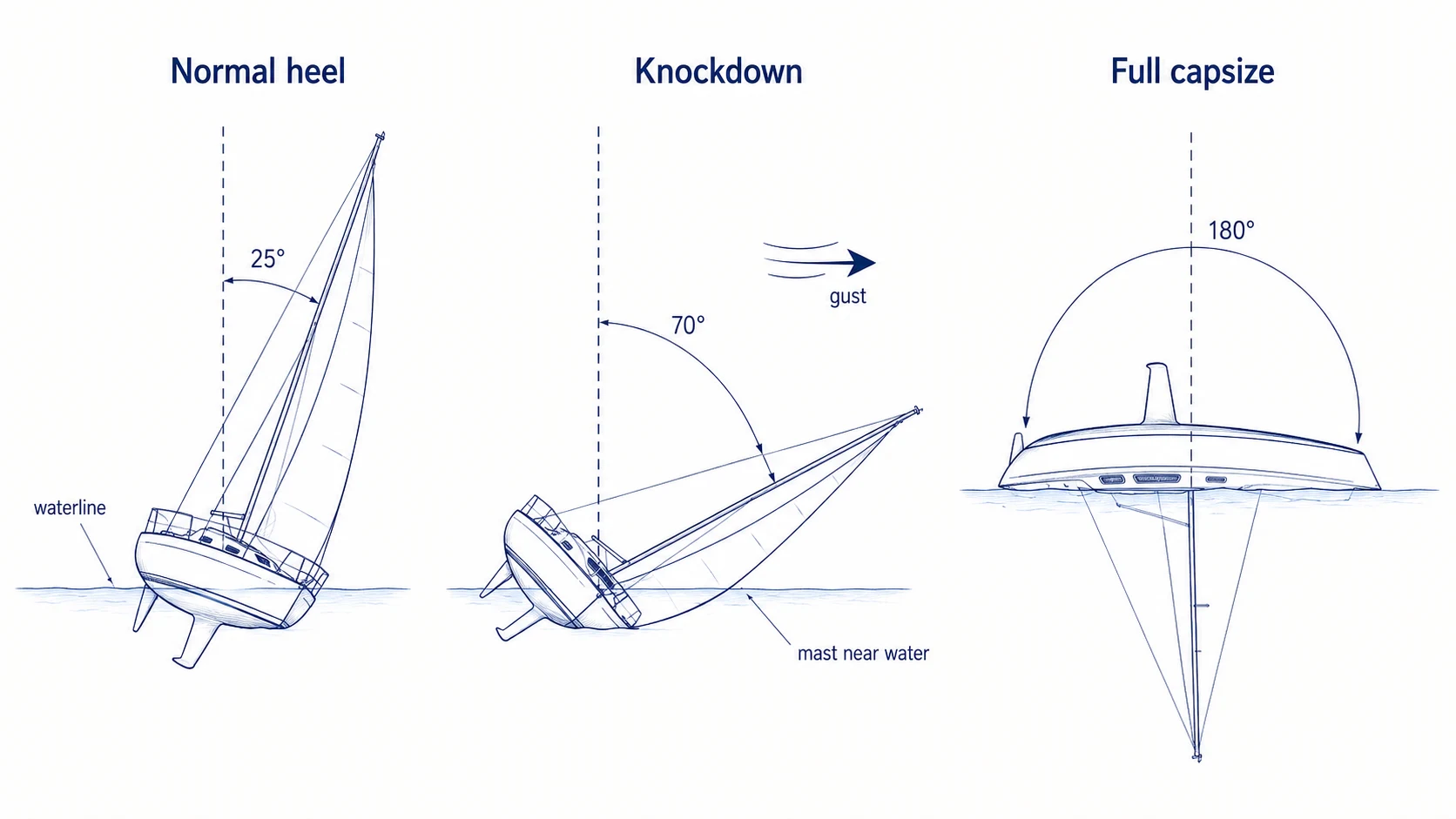 Blue pen diagram comparing normal heel, a sailing knockdown, and a full capsize.