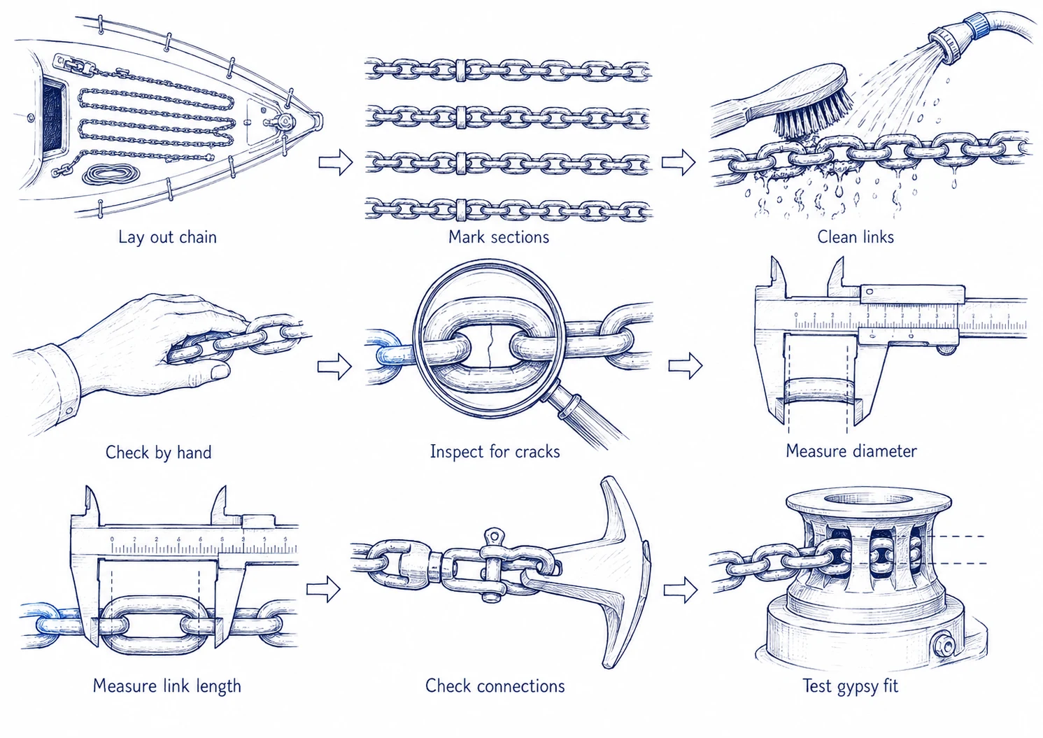 Step-by-step anchor chain inspection showing cleaning, checking links for corrosion and cracks, measuring wear with calipers, inspecting connectors, and testing the chain in a windlass gypsy