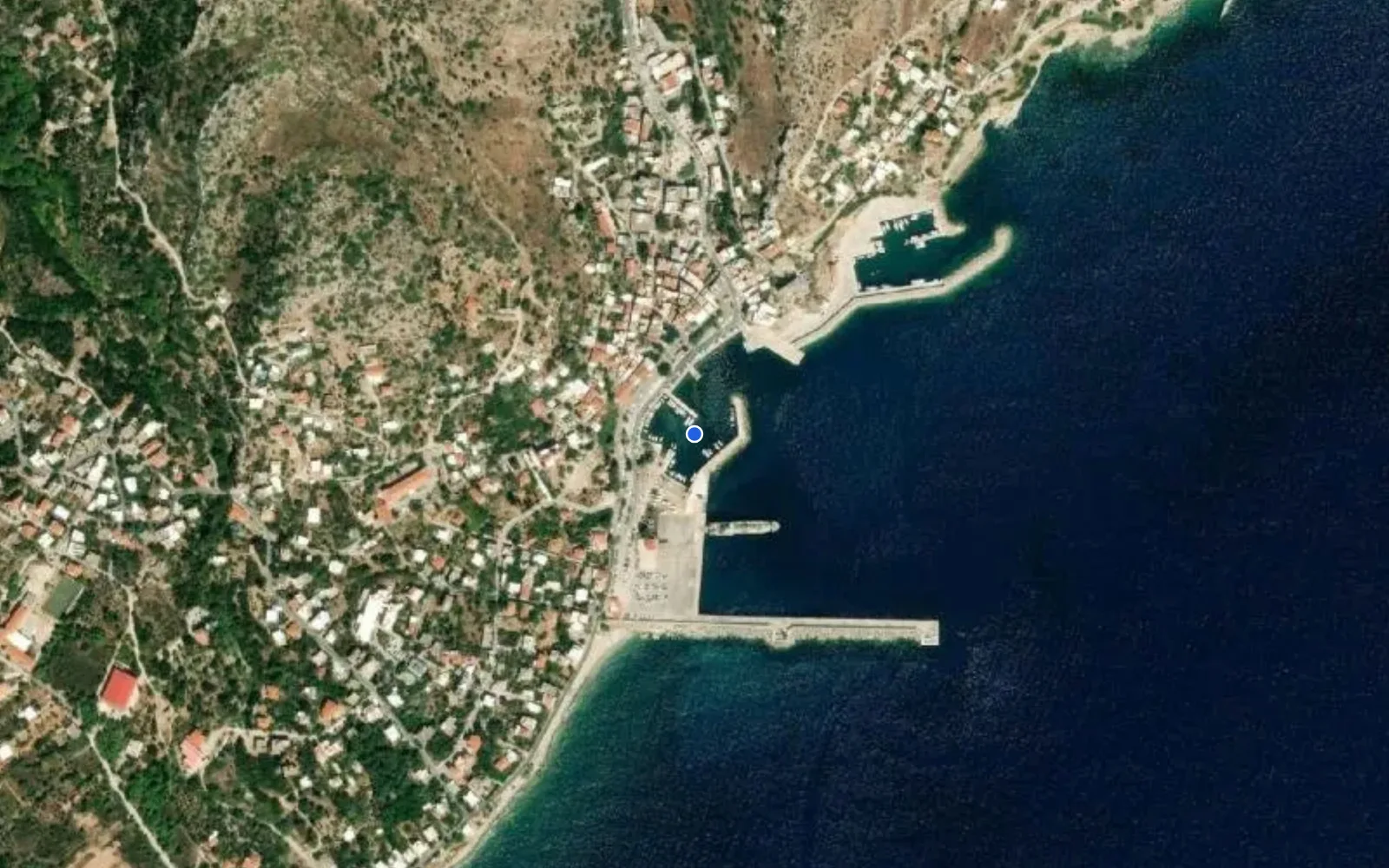Satellite and nautical chart view of Agios Kirykos marina (old)