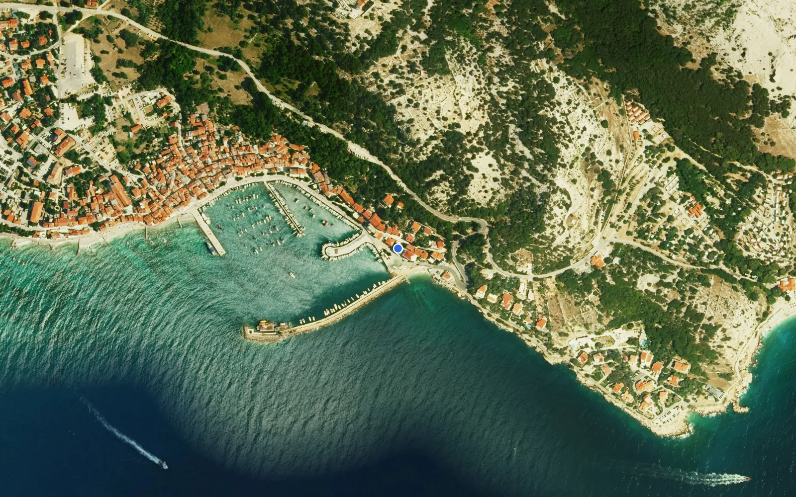Satellite and nautical chart view of Baska Harbour