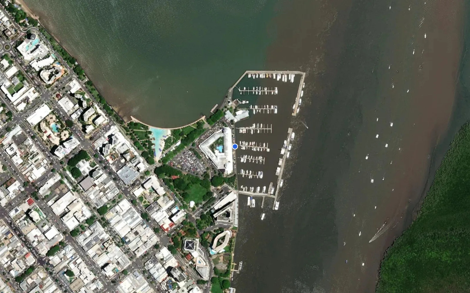 Satellite and nautical chart view of Cairns Marlin Marina