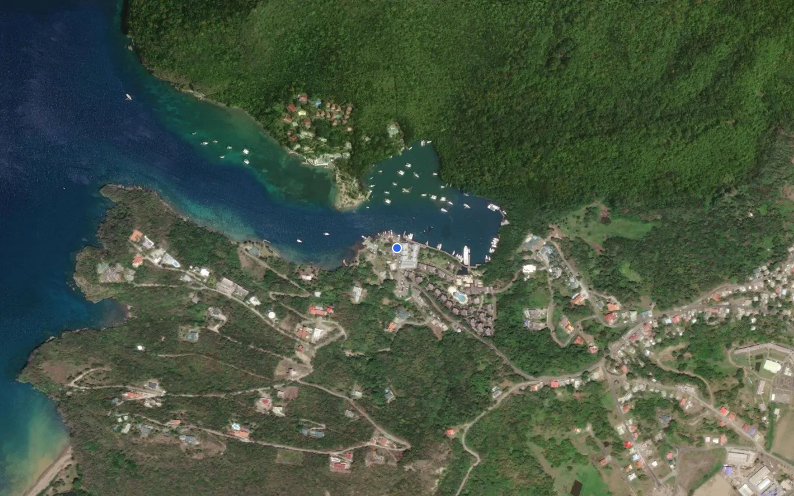 Satellite and nautical chart view of Capella Marigot Bay Marina