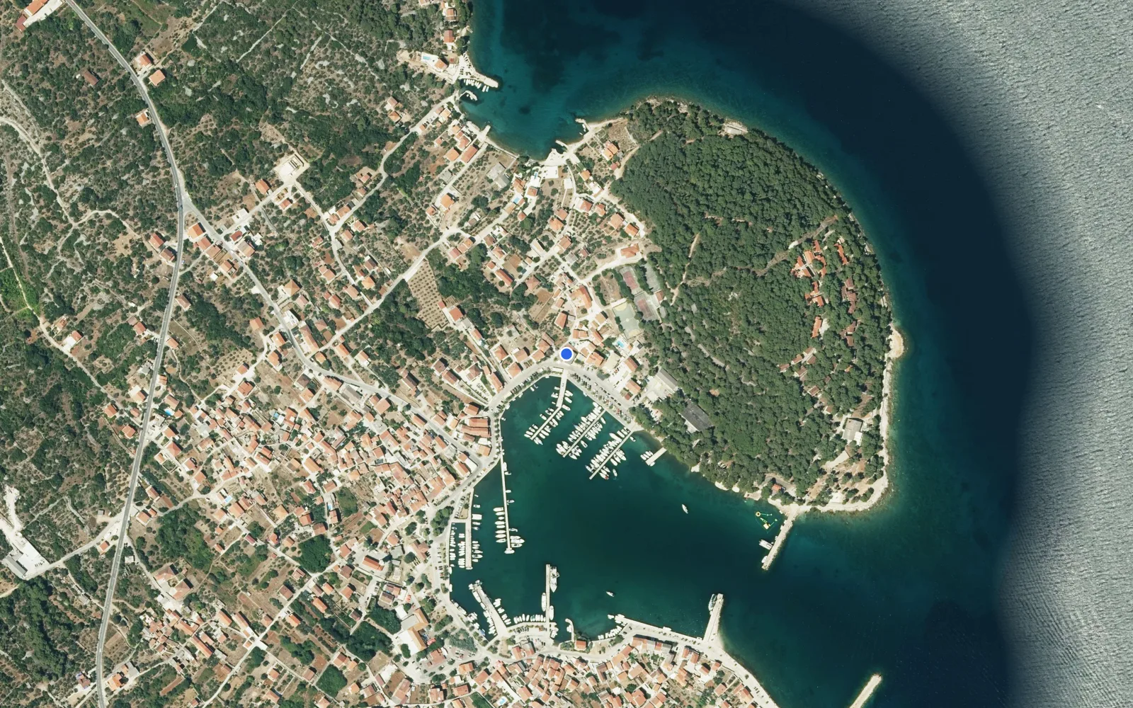 Satellite and nautical chart view of Kukljica Harbour