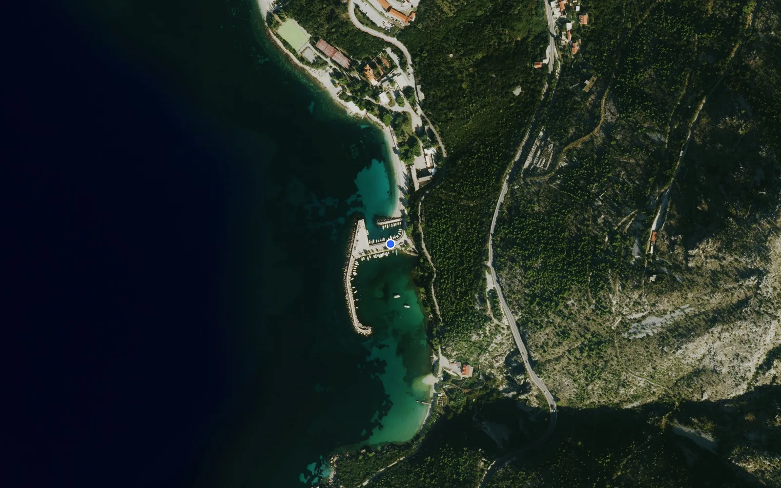 Satellite and nautical chart view of Ljuta Harbour