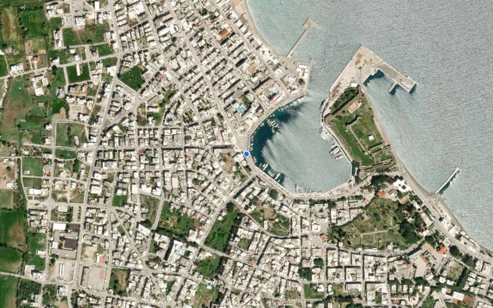 Satellite and nautical chart view of Mandraki Port Kos