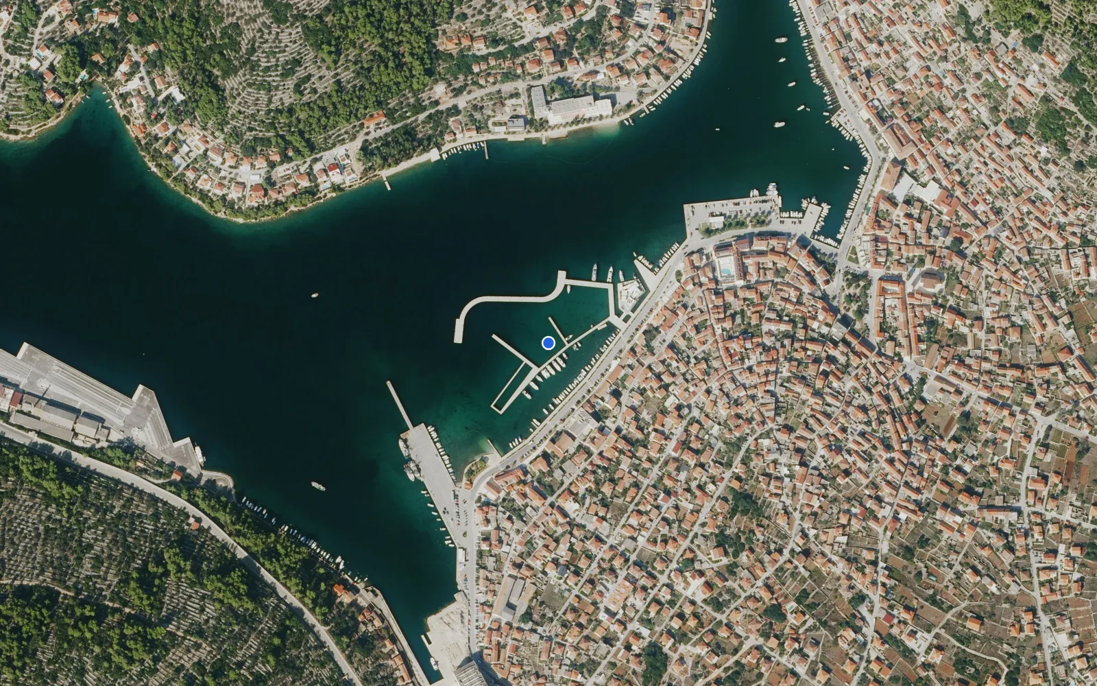Satellite and nautical chart view of Marina Korkyra