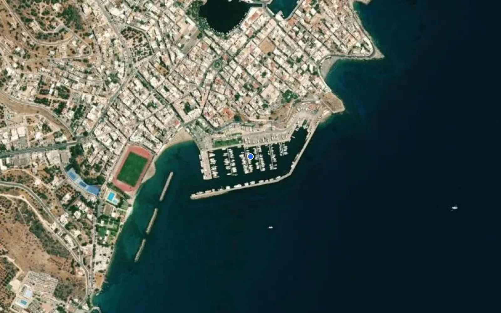Satellite and nautical chart view of Marina of Agios Nikolaos