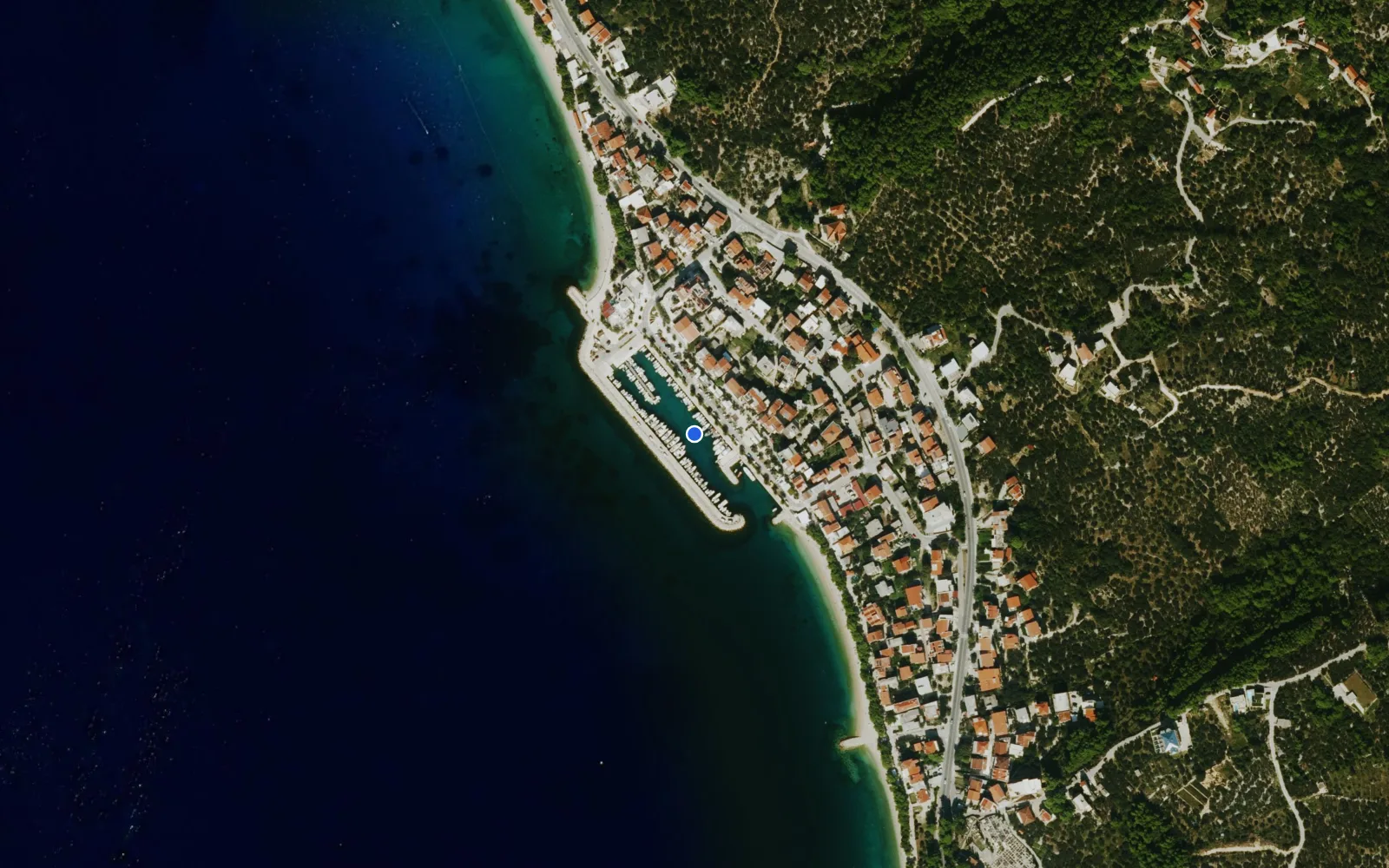 Satellite and nautical chart view of Marina Tucepi