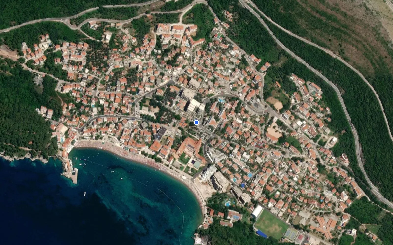 Satellite and nautical chart view of Petrovac na Moru