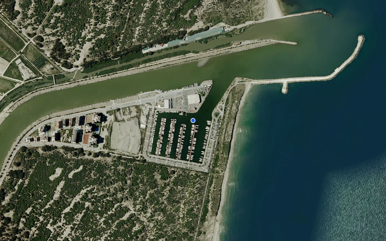 Satellite and nautical chart view of Port Esportiu Marina de les Dunes