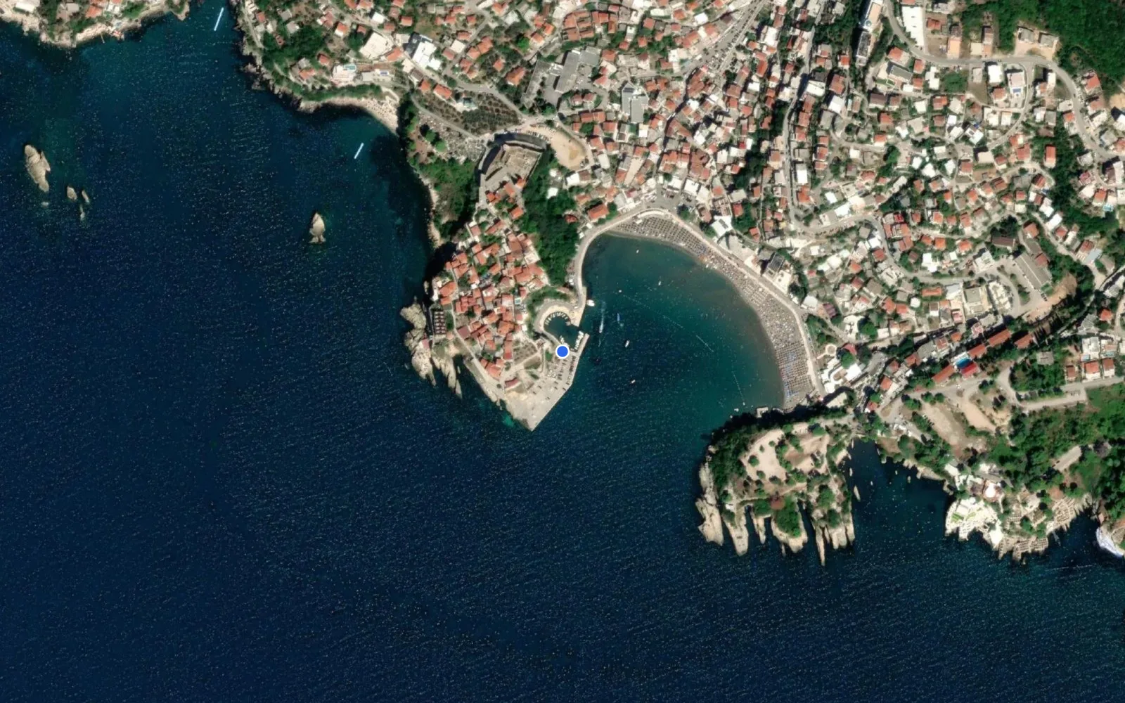 Satellite and nautical chart view of Port Ulcinj