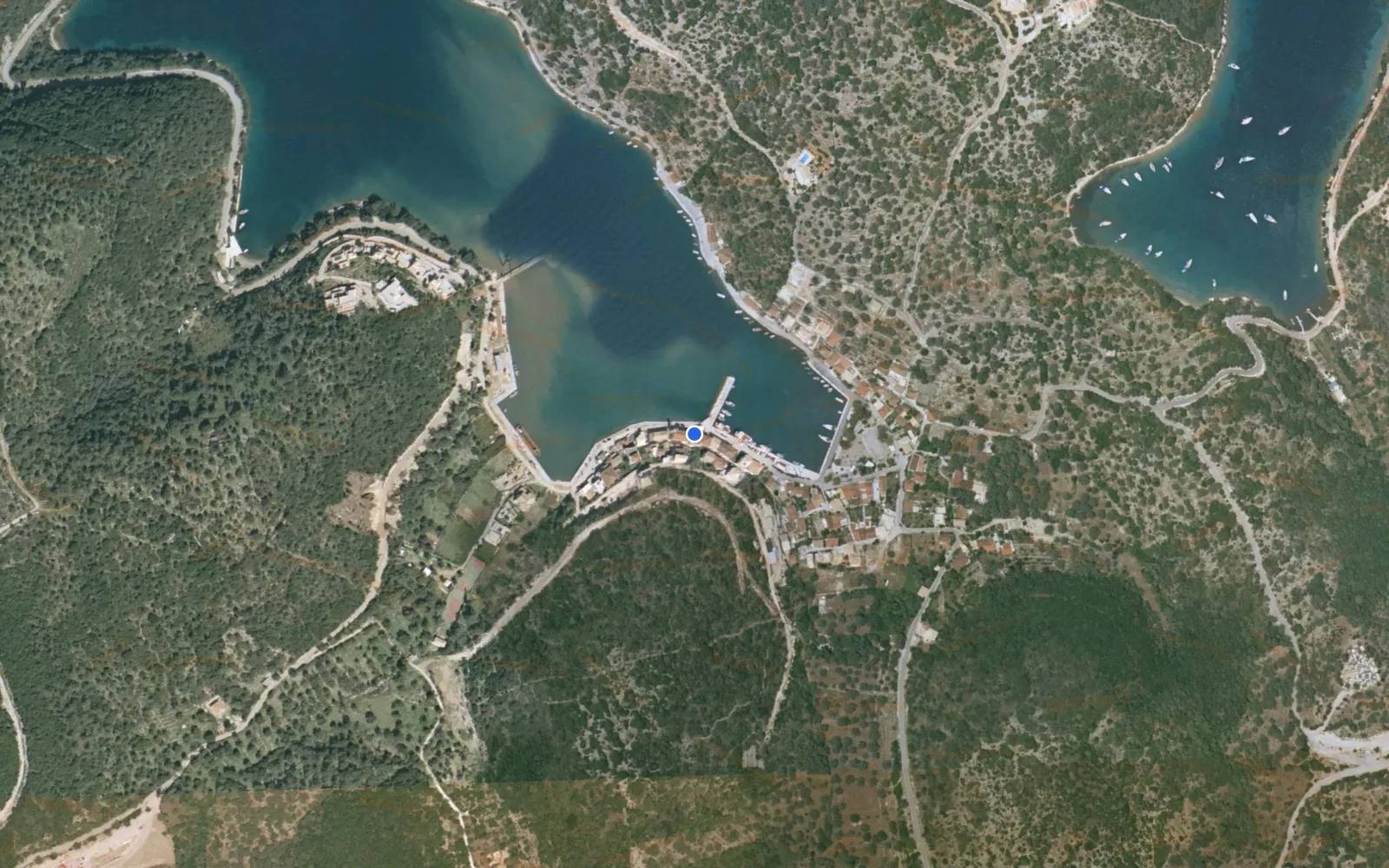 Satellite and nautical chart view of Port Vathi