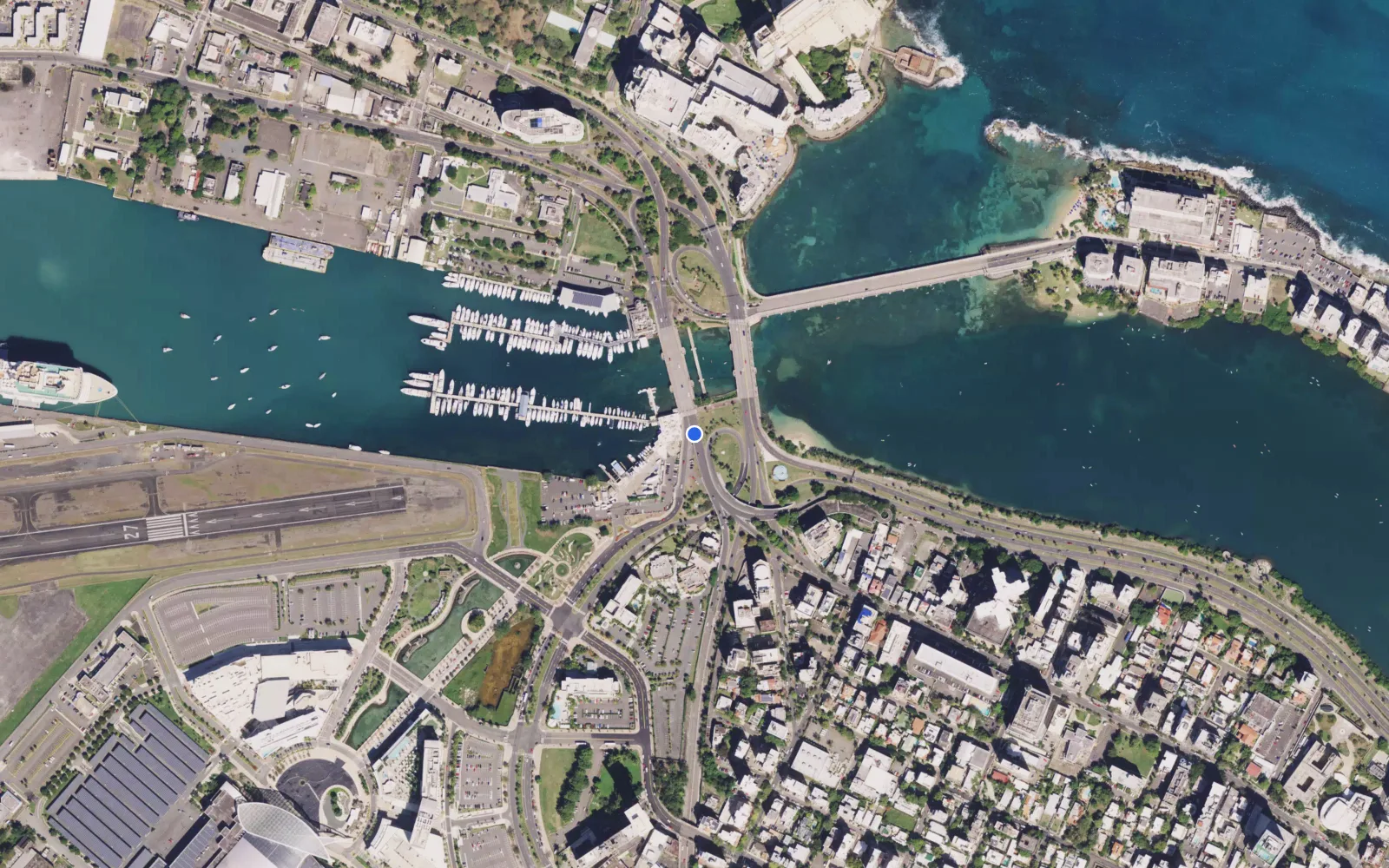 Satellite and nautical chart view of San Juan Bay Marina