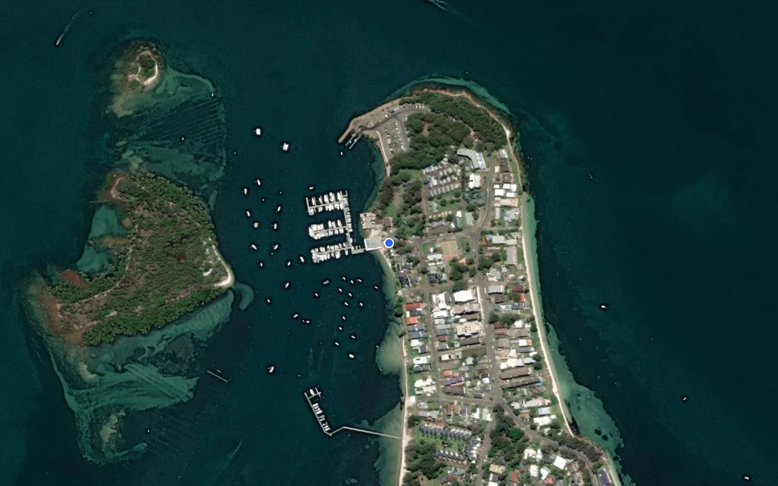 Satellite and nautical chart view of Soldiers Point Marina